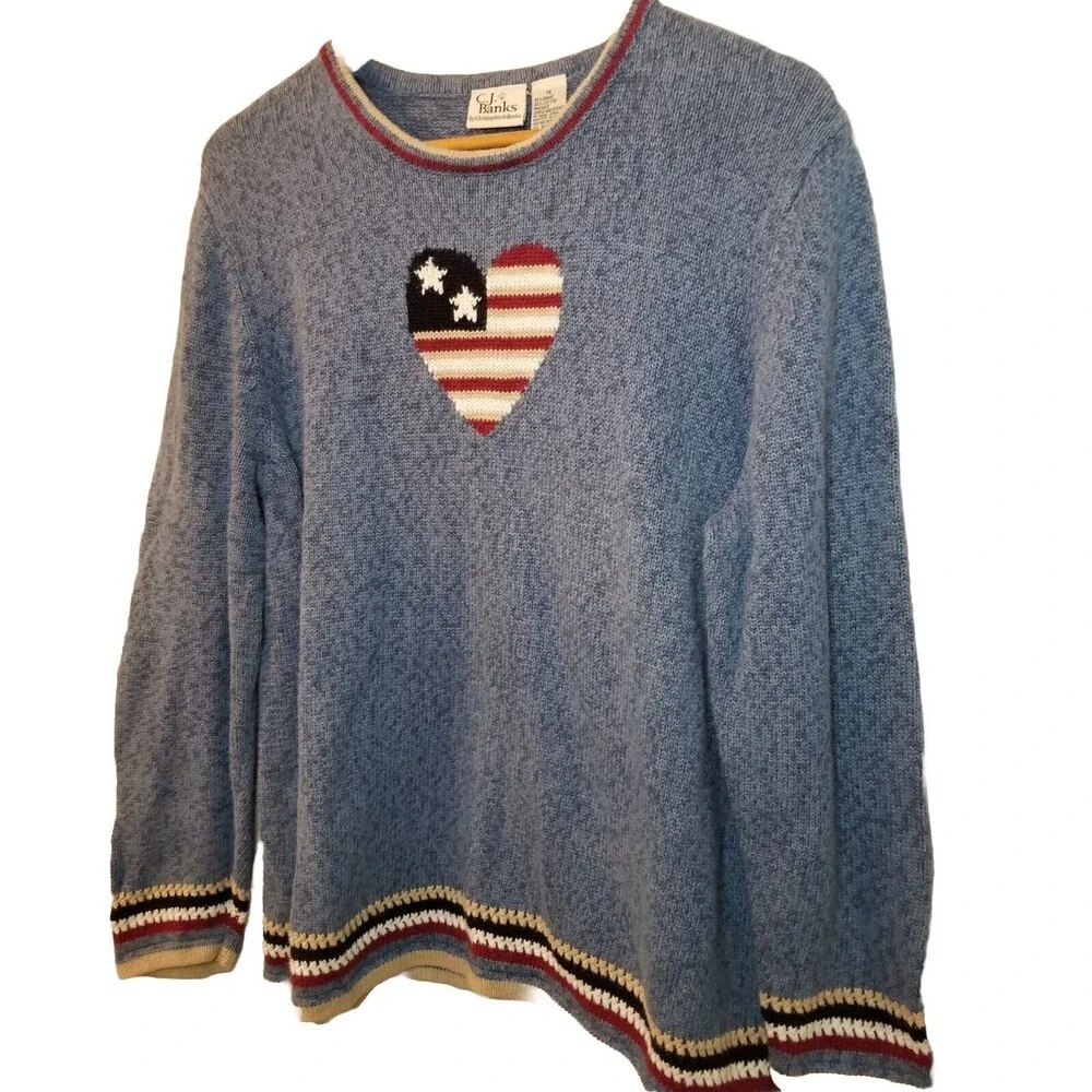 CJ Banks Vintage Sweater Knit Womens 1X Fall Winter Heart Blue Pullover